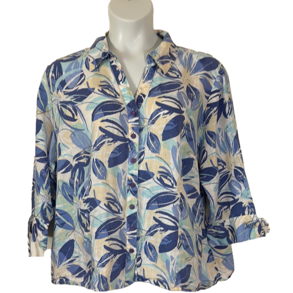 JM Collection Cream 3/4 Sleeve Notched Collar Button Down 100% Linen SKU0135